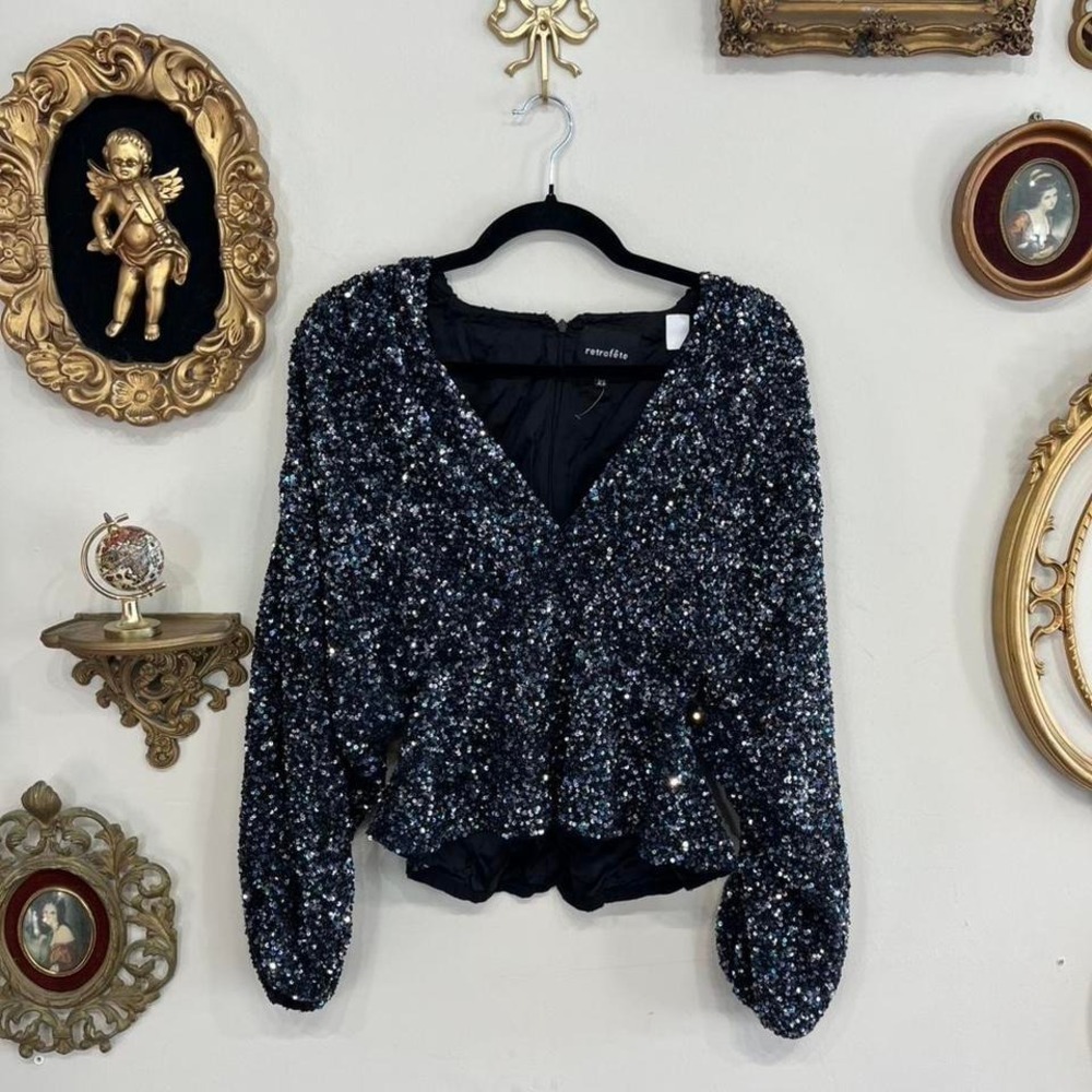 Retrofête XS Black Sequin V-Neck Blouse - Long Sleeve Party Top - Extra Small
